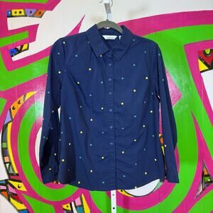 Lemon Way, Classic Navy Shirt Embroidered Polka Dots. Size Small. Excellent cond